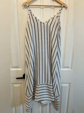 Terzo Millennio Linen Dress M Italy Navy Stripe Boho Summer V-Neck